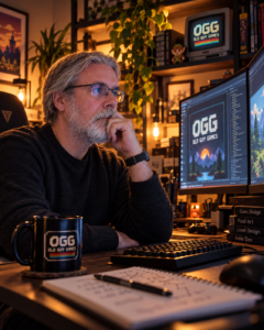 Nick Dunkley working at a desk in an Old Guy Games workspace